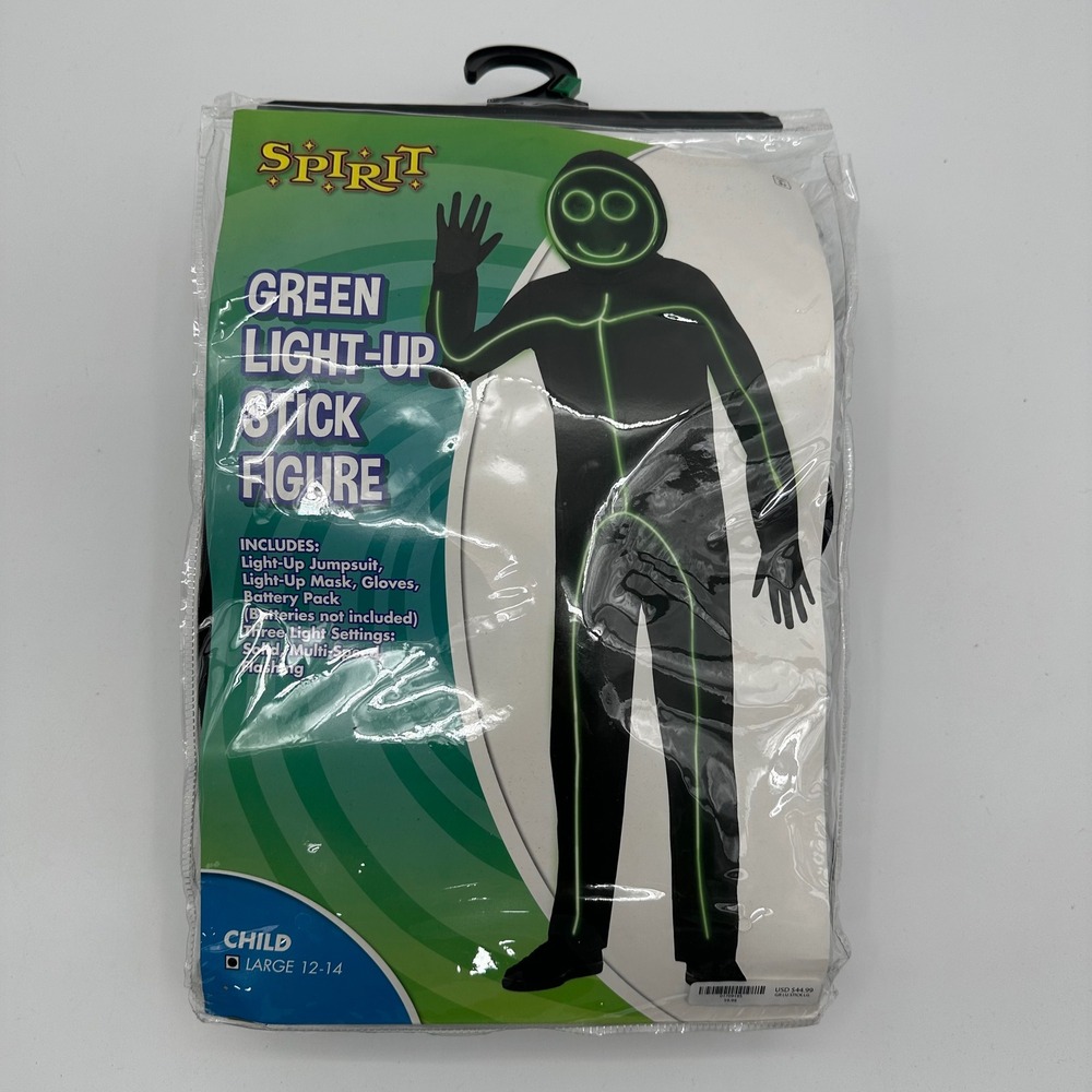 Spirit Halloween Green Light-Up Stick Figure Costume Kids Large 12-14 Jumpsuit